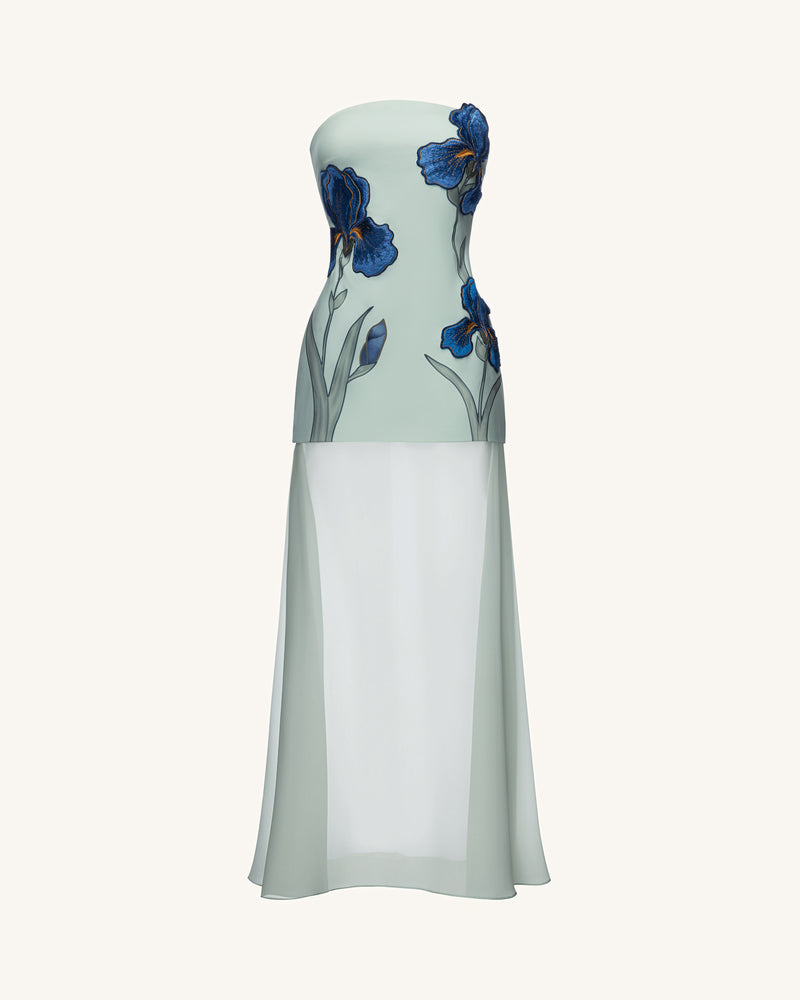 Iris Embroidered Strapless Sheer Overlay Maxi Dress - Sage Green