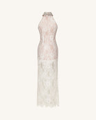 Jeweled Lace Halter Dress - White