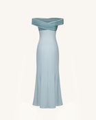 Pleated Cross-Halter Satin Maxi Dress - Dusty Blue