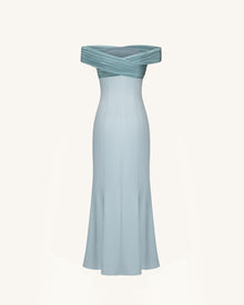 Pleated Cross-Halter Satin Maxi Dress - Dusty Blue