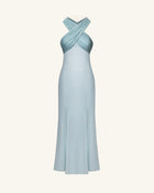 Pleated Cross-Halter Satin Maxi Dress - Dusty Blue