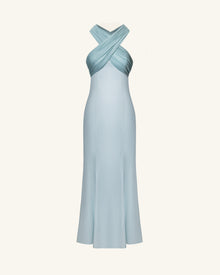 Pleated Cross-Halter Satin Maxi Dress - Dusty Blue