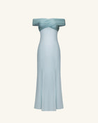 Pleated Cross-Halter Satin Maxi Dress - Dusty Blue