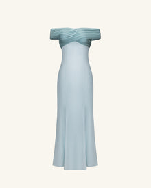 Pleated Cross-Halter Satin Maxi Dress - Dusty Blue