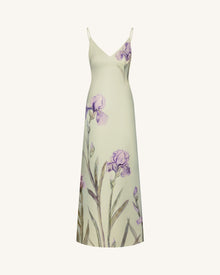 Iris Motif Satin Slip Gown - Light Green/Purple