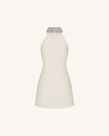 Jeweled Halter Iris Motif Dress - Ivory/Pink