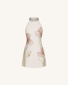 Jeweled Halter Iris Motif Dress - Ivory/Pink