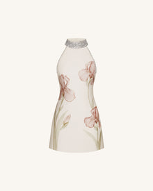 Jeweled Halter Iris Motif Dress - Ivory/Pink