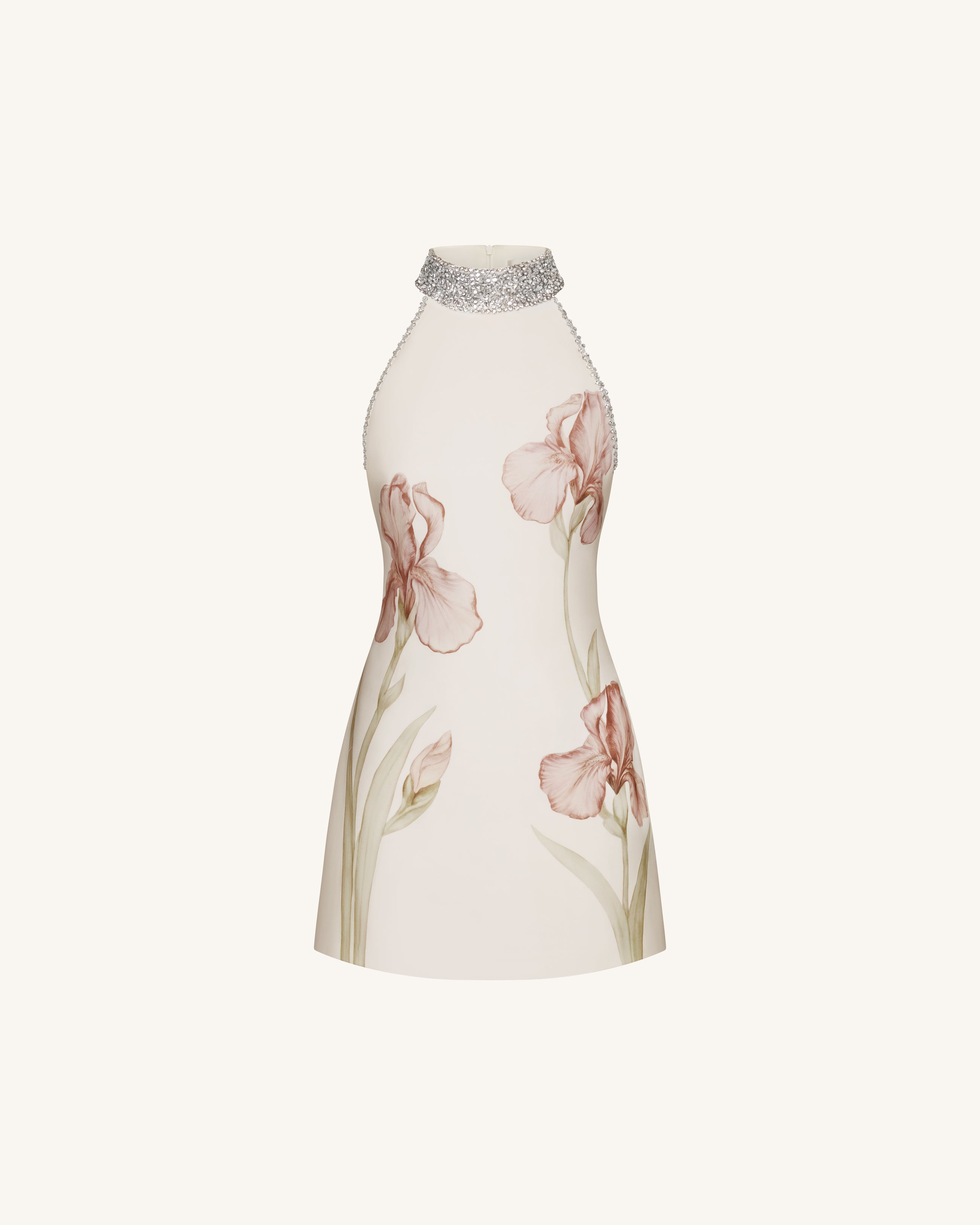 Jeweled Halter Iris Motif Dress - Ivory/Pink