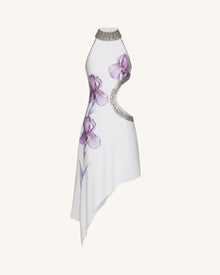 Jeweled Floral Cutout High Neck Dress - White