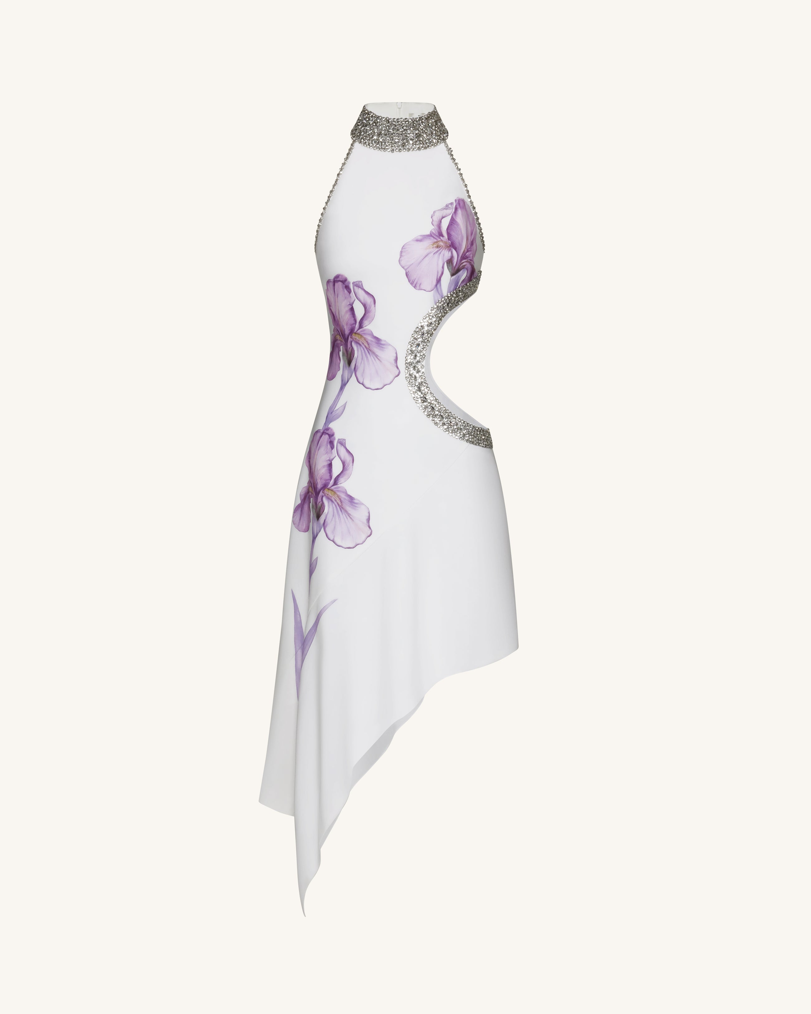 Jeweled Floral Cutout High Neck Dress - White
