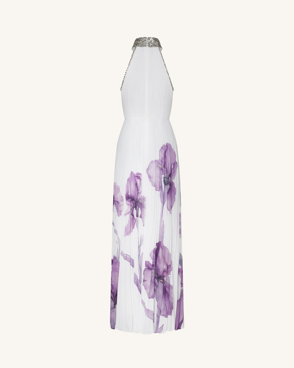 Jeweled-neck Halter Pleated Iris Print Maxi Dress - White/Purple