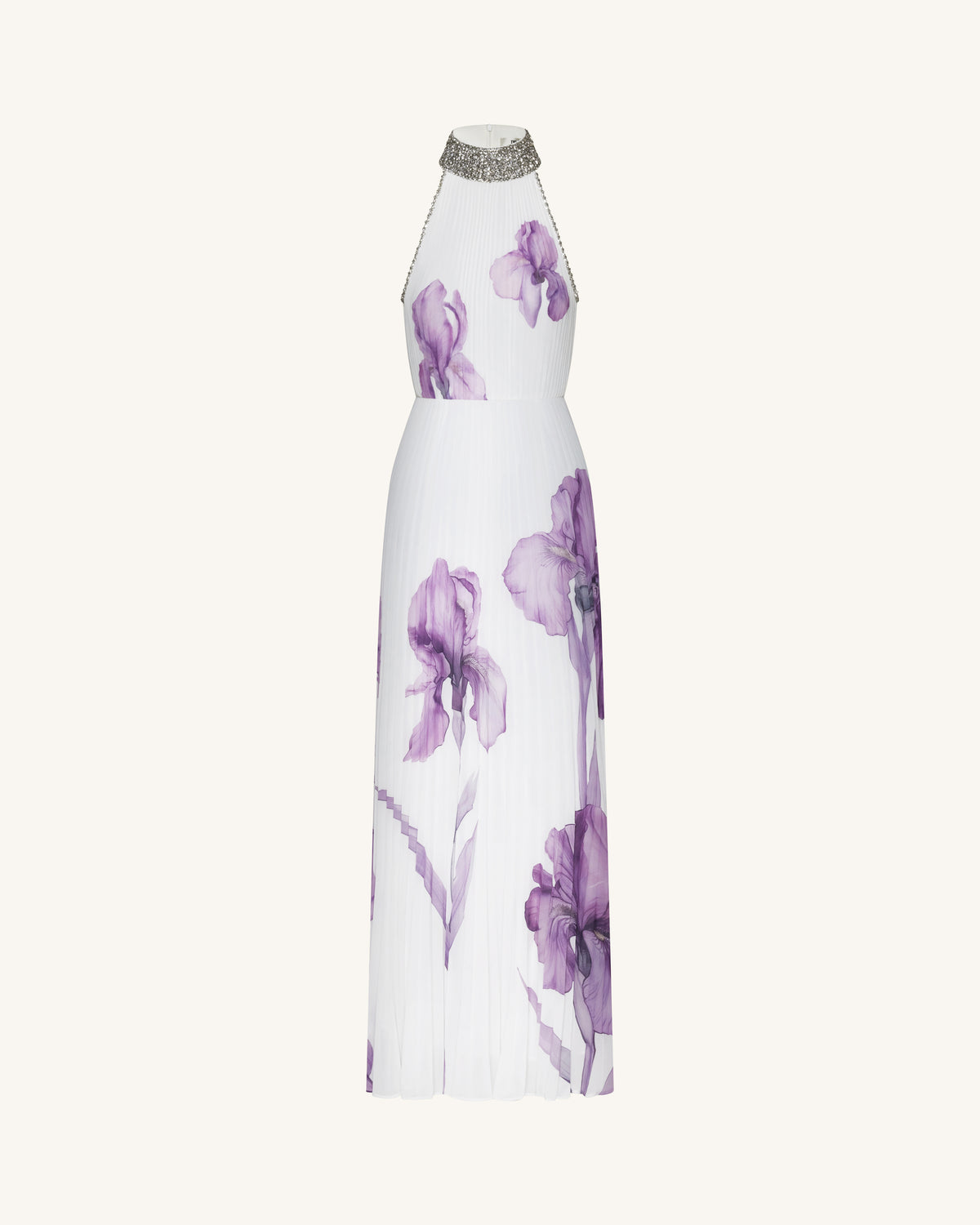 Jeweled-neck Halter Pleated Iris Print Maxi Dress - White/Purple