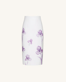 Iris Print High-Waisted Pencil Midi Skirt - White/Purple