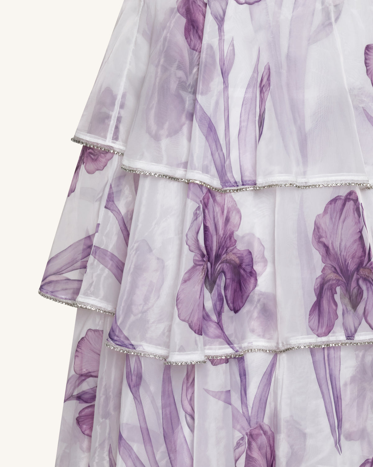 Jeweled-Trim Tiered Iris Print Organza Maxi Dress - White/Purple