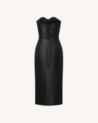 Iris Floral-Print Strapless Corset Leather Midi Dress - Black