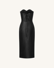 Iris Floral-Print Strapless Corset Leather Midi Dress - Black