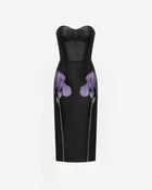 Iris Floral-Print Strapless Corset Leather Midi Dress - Black