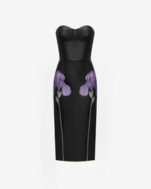 Iris Floral-Print Strapless Corset Leather Midi Dress - Black