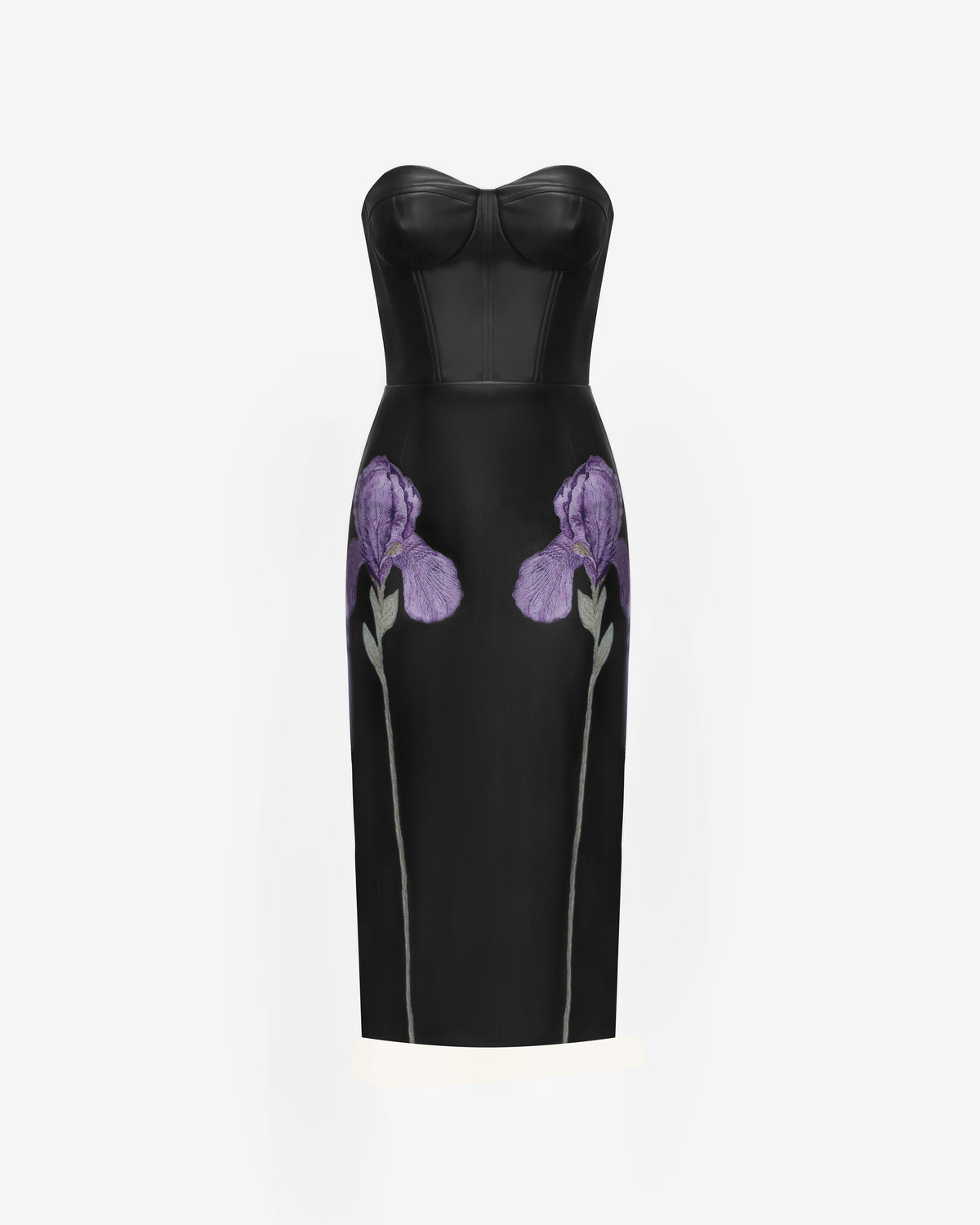 Iris Floral-Print Strapless Corset Leather Midi Dress - Black