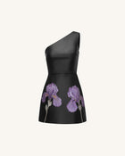 Iris Floral-Print One-Shoulder Leather Mini Dress - Black