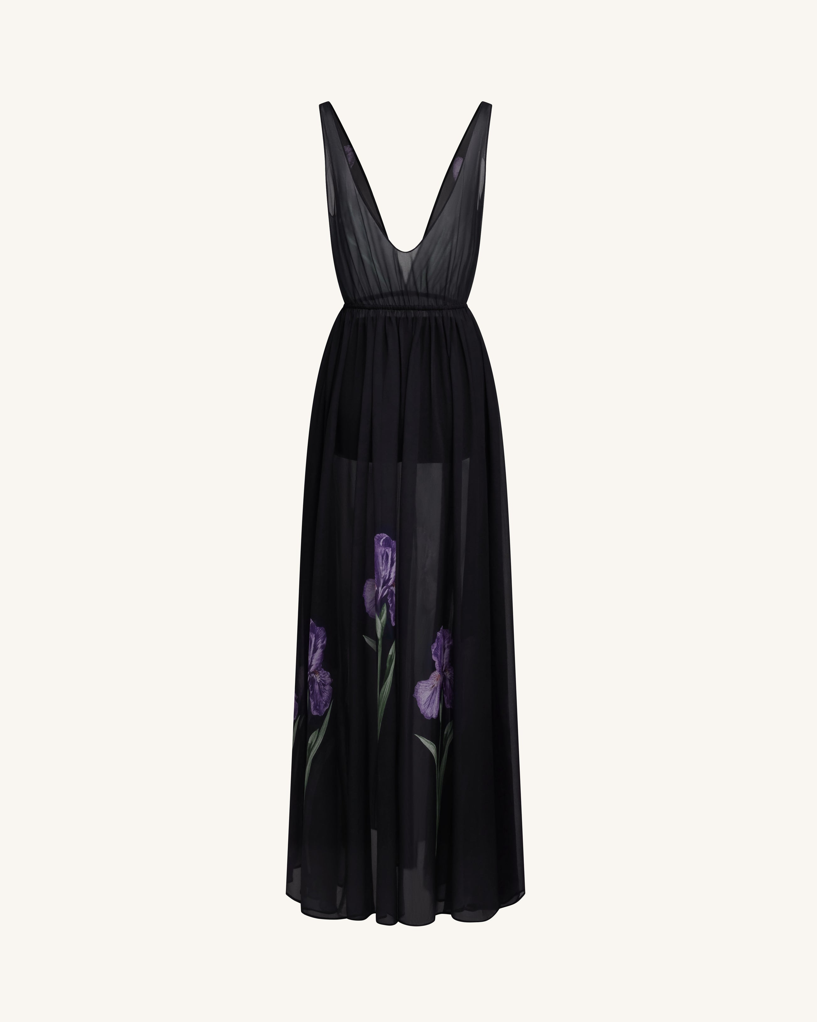 Sheer Floral Print Maxi Dress - Black