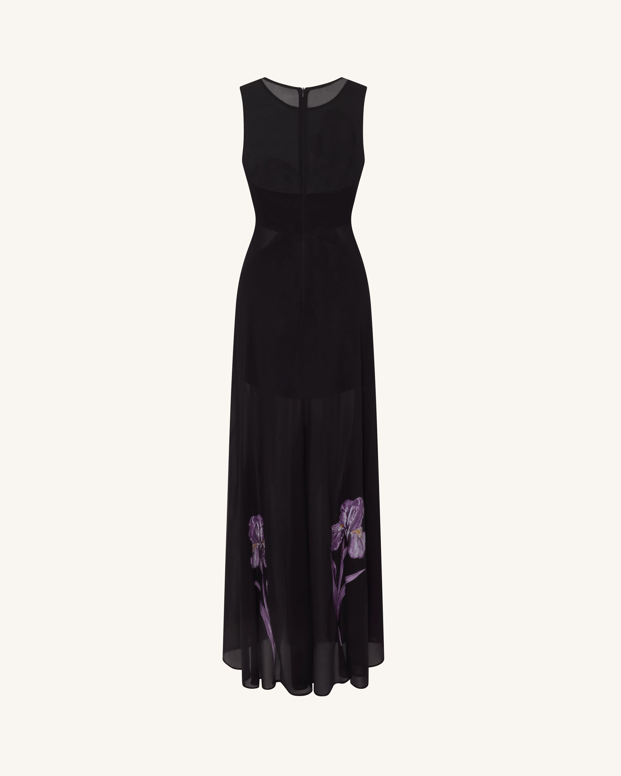 Sheer Floral Print Paneled Maxi Dress - Black