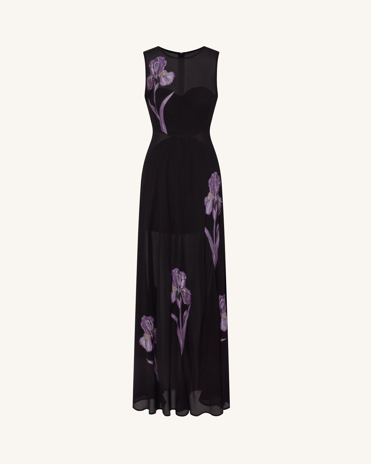 Sheer Floral Print Paneled Maxi Dress - Black
