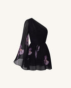 One Shoulder Floral Mesh Dress - Black