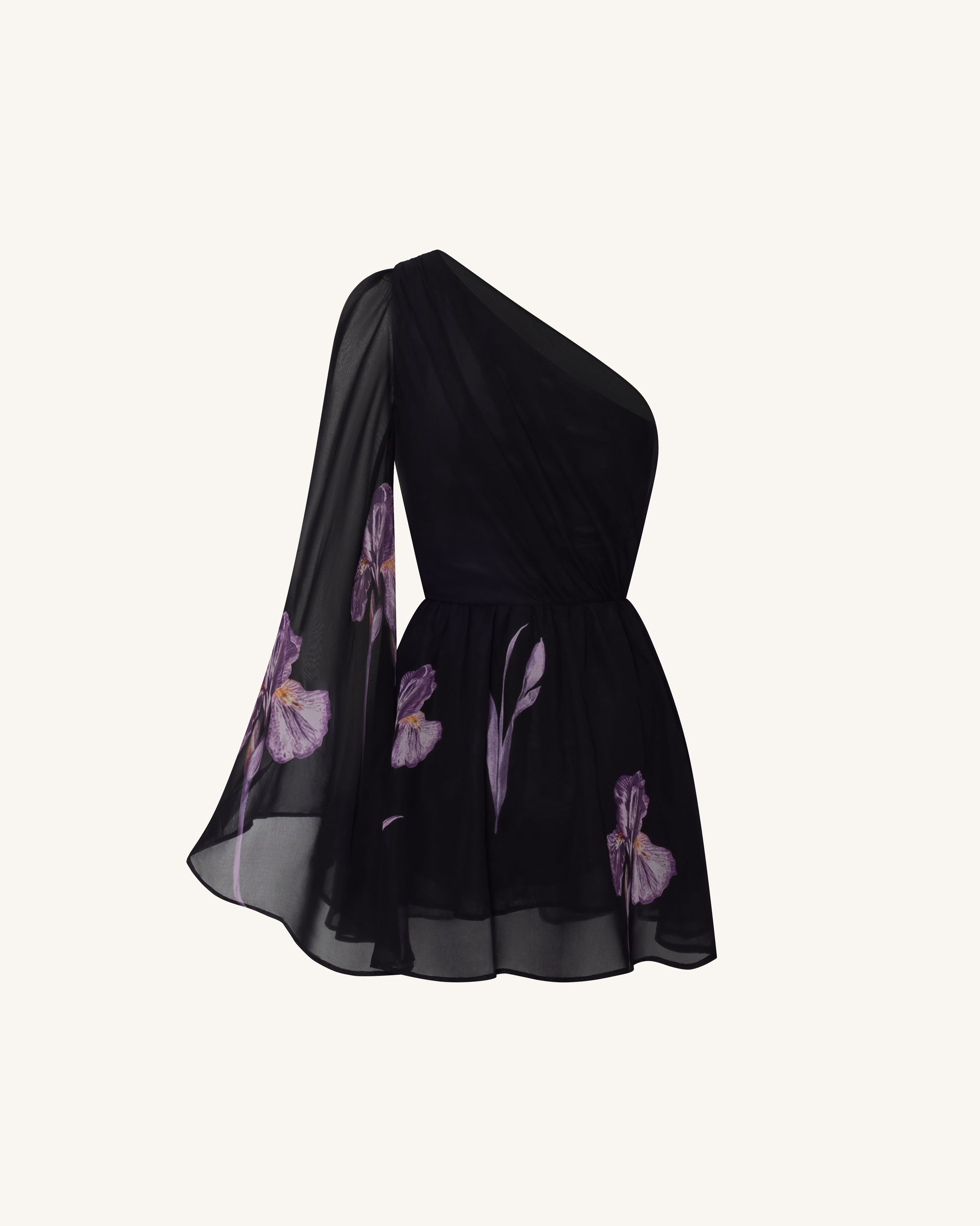 One Shoulder Floral Mesh Dress - Black