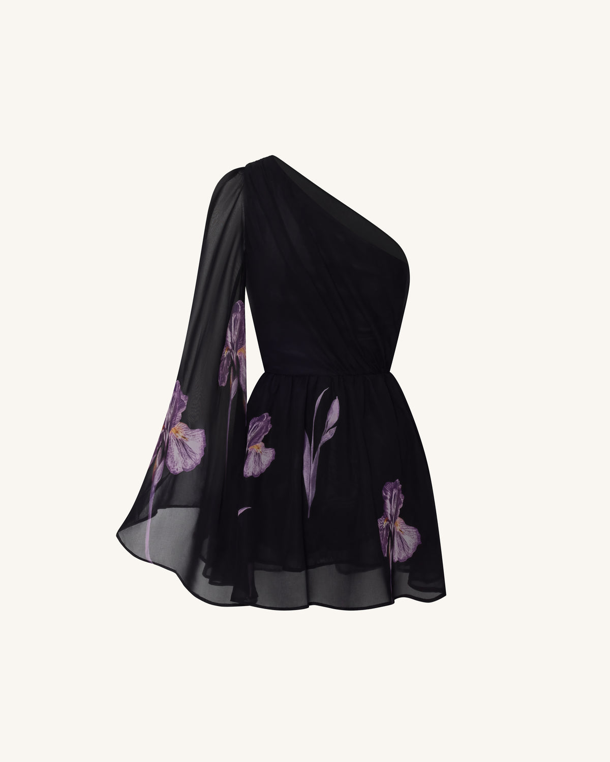 One Shoulder Floral Mesh Dress - Black