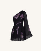 One Shoulder Floral Mesh Dress - Black