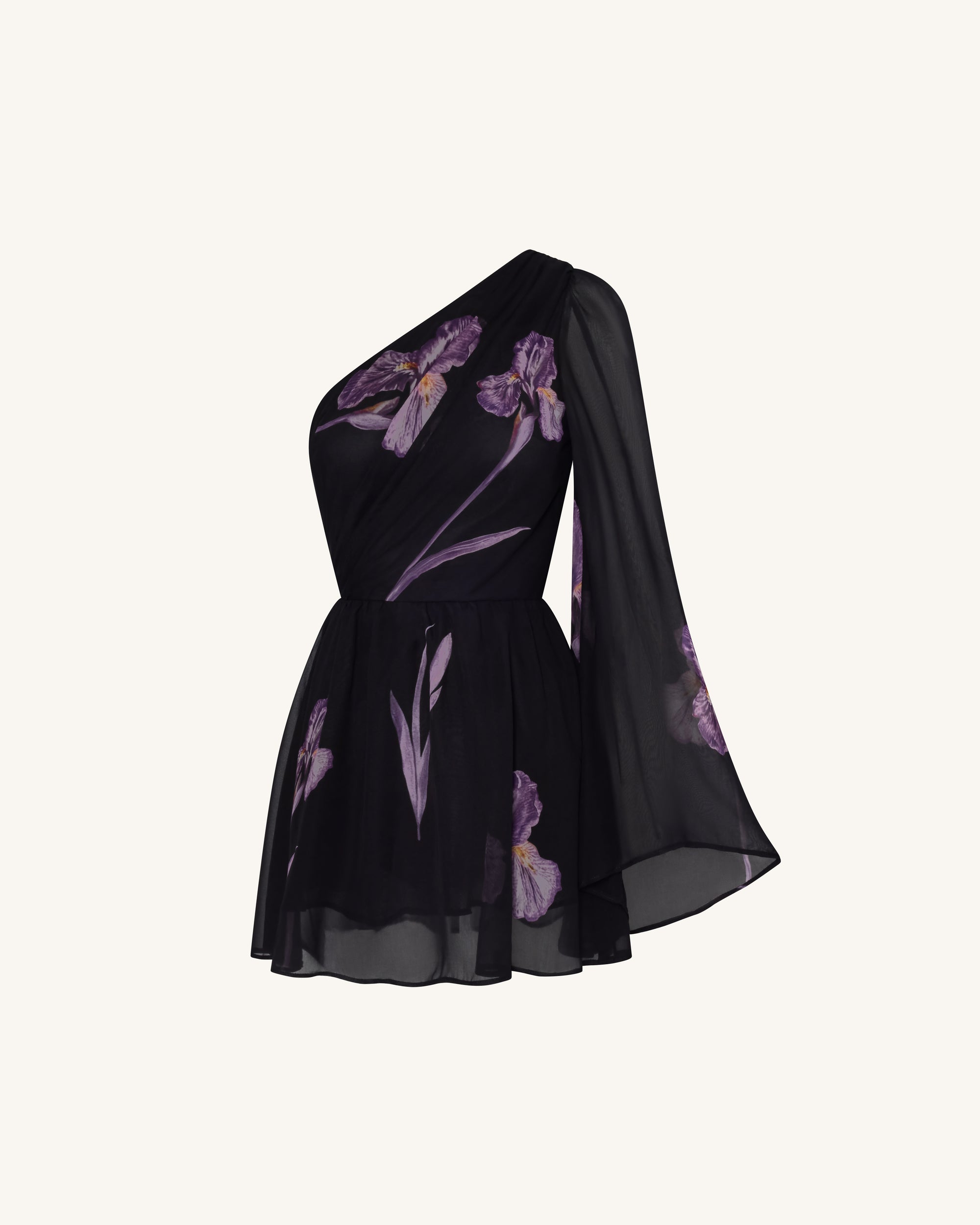 One Shoulder Floral Mesh Dress - Black