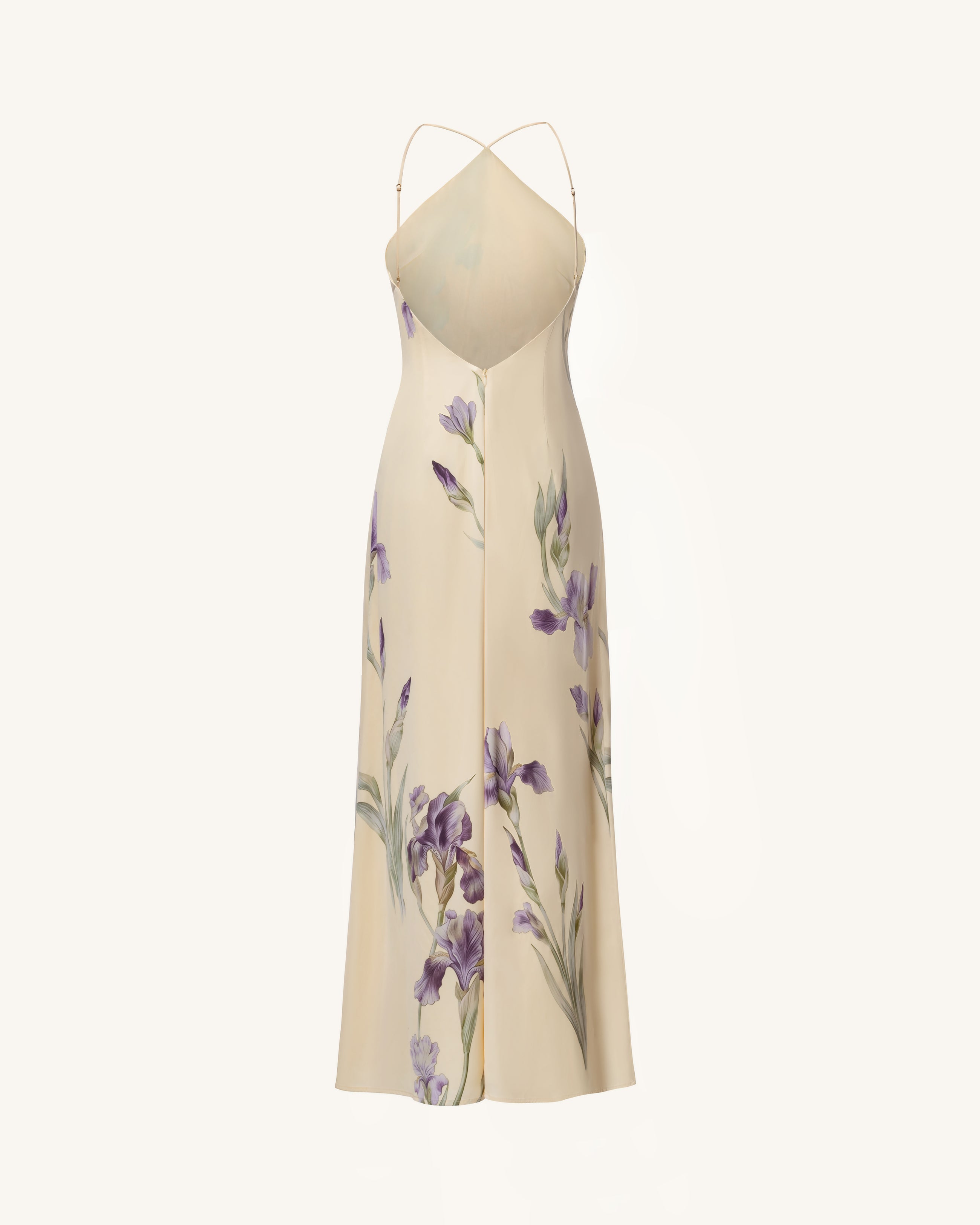 Iris Print Cross-Halter Open-Back Maxi Dress - Yellow
