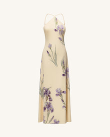 Iris Print Cross-Halter Open-Back Maxi Dress - Yellow