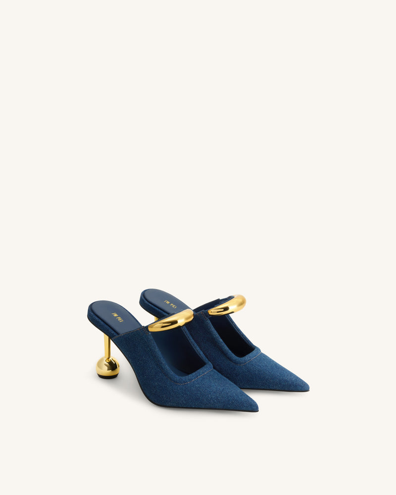 Sofia Metal Accent Sphere Heel Mules - Denim Blue