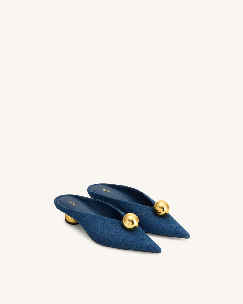 Helena Gold Sphere Pointed Toe Mules - Denim Blue