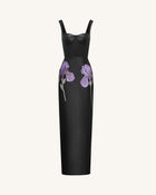 Iris Floral-Print Strappy Corset Leather Maxi Dress - Black