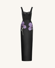 Iris Floral-Print Strappy Corset Leather Maxi Dress - Black