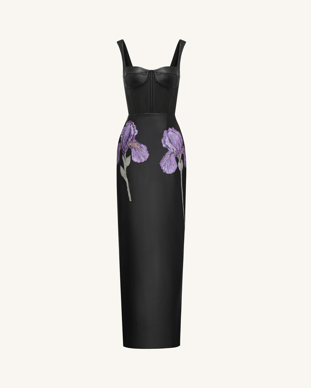 Iris Floral-Print Strappy Corset Leather Maxi Dress - Black