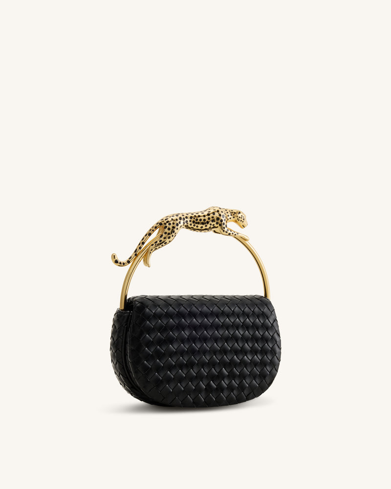 Ione Leopard Shaped Hardware Handle Woven Top Handle Bag - Black