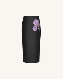 Iris Floral-Print High Waist Pencil Leather Midi Skirt - Black