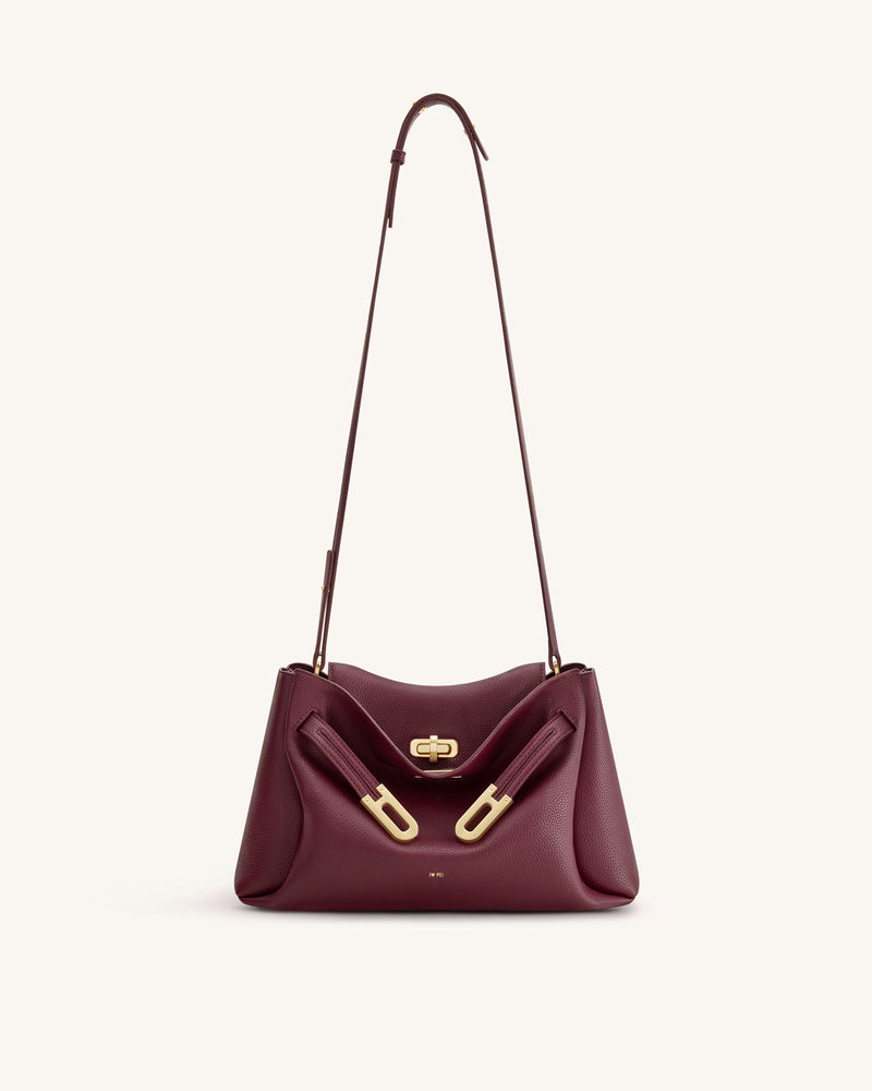 Rhea Pebbled Double Buckle Shoulder Bag - Dark Burgundy