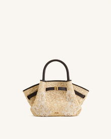 Hana Mini Faux Straw Beading Tote Bag - Brown