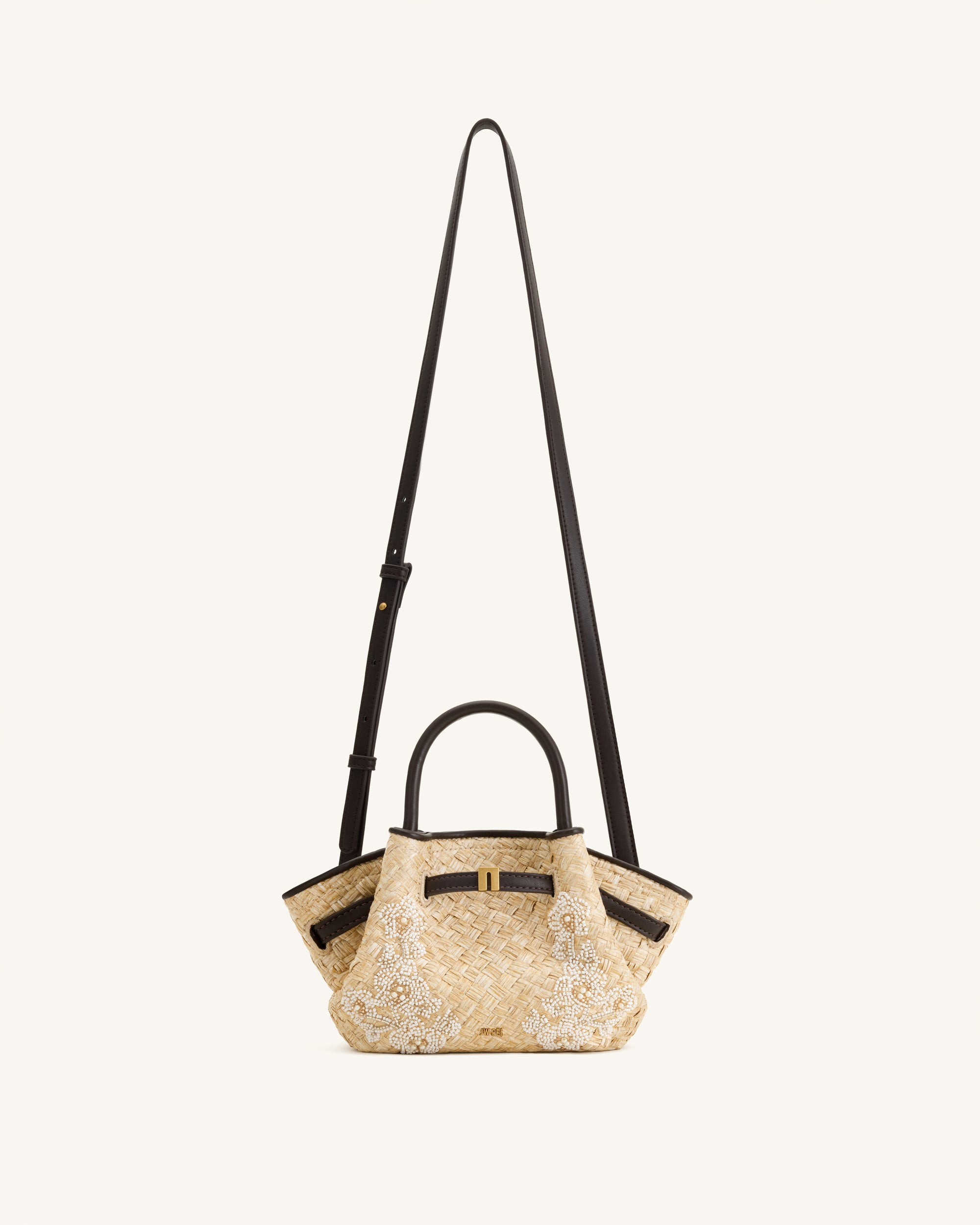 Hana Mini Faux Straw Beading Tote Bag - Brown