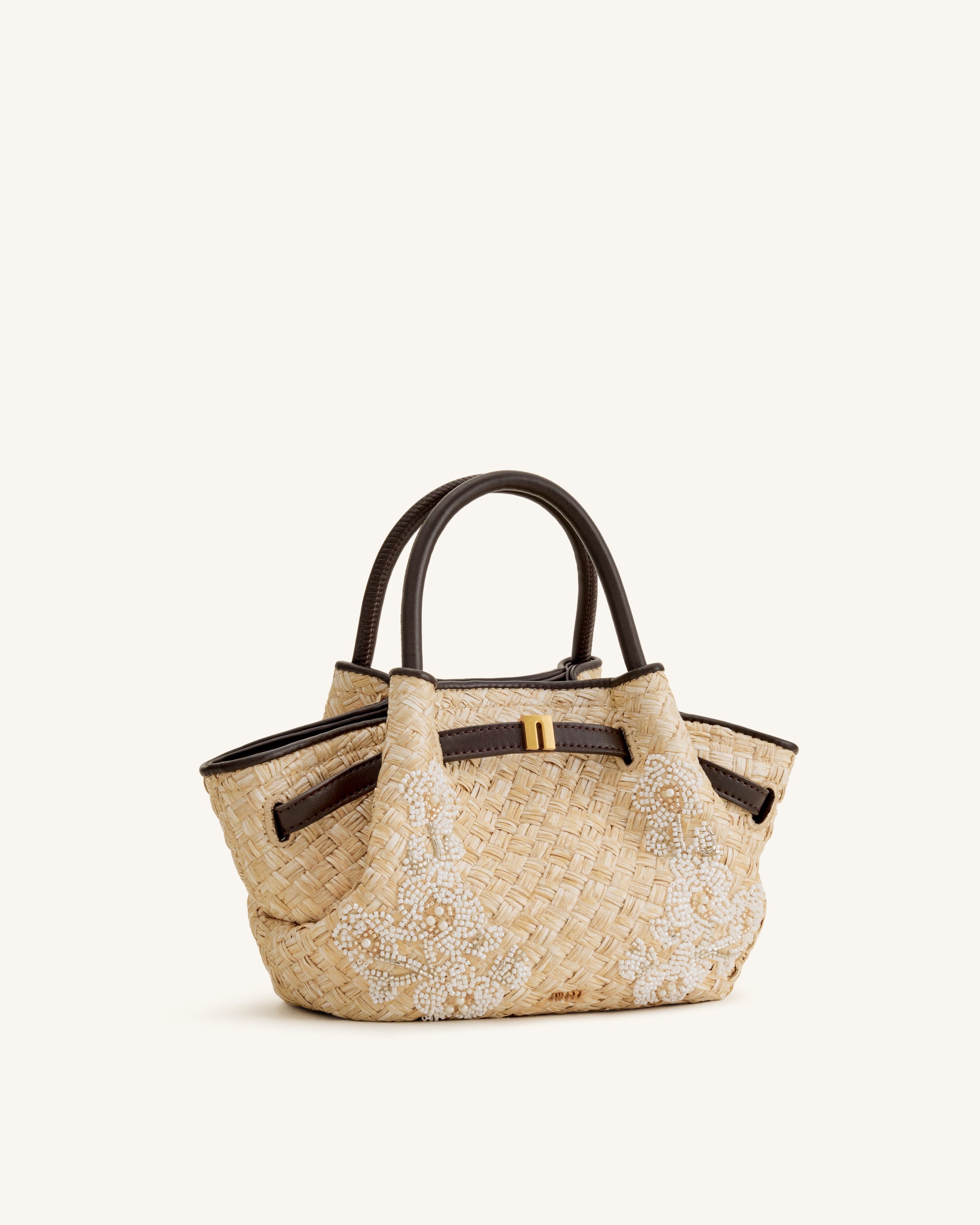 Hana Mini Faux Straw Beading Tote Bag - Brown