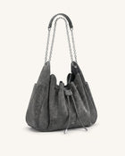 Rowan Faux Suede Drawstring Chain Bucket Bag - Smog Gray Croc