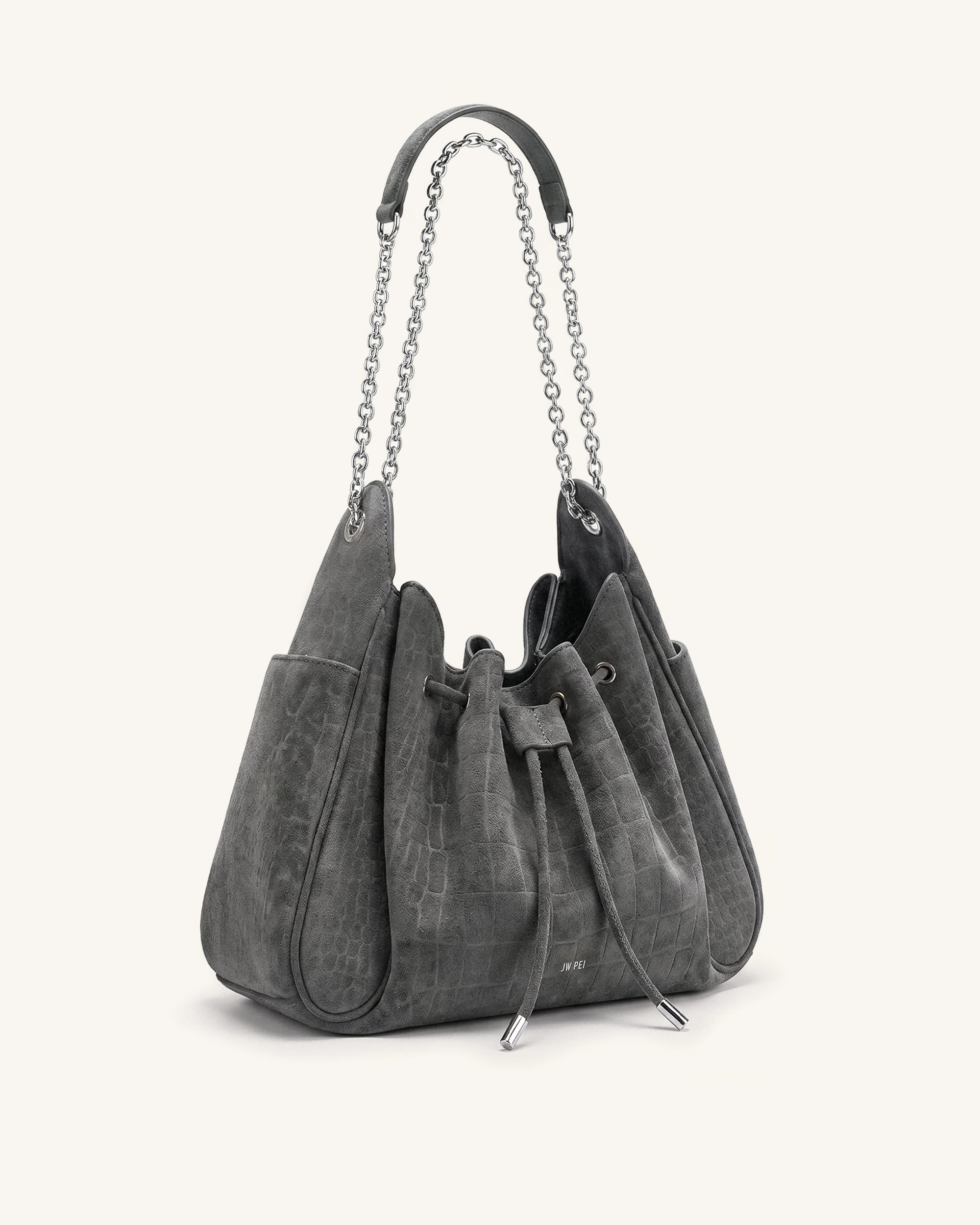 Rowan Faux Suede Drawstring Chain Bucket Bag - Smog Gray Croc