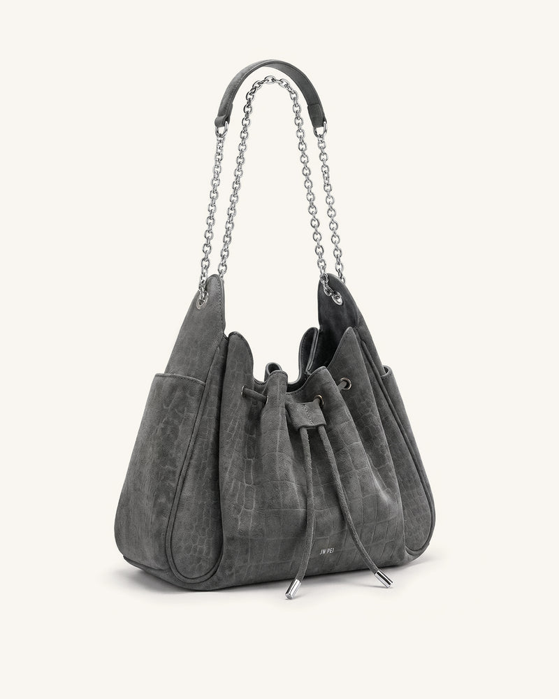 Rowan Faux Suede Drawstring Chain Bucket Bag - Smog Gray Croc