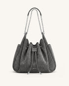 Rowan Faux Suede Drawstring Chain Bucket Bag - Smog Gray Croc